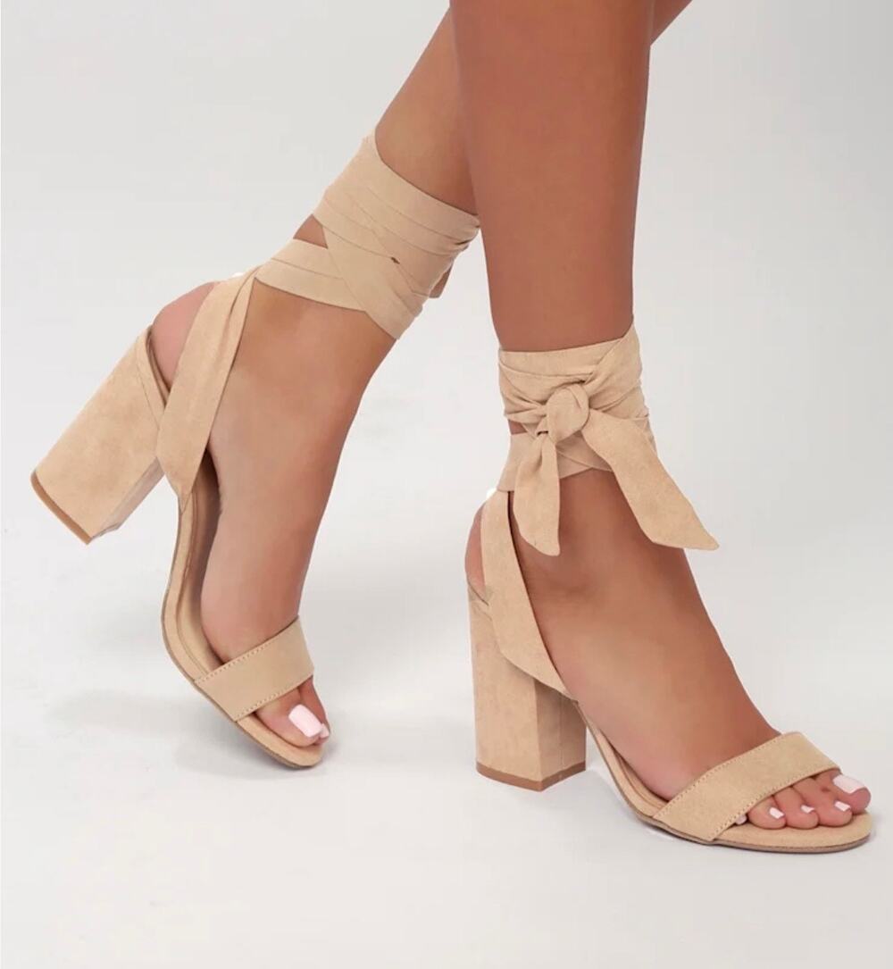 Lulus Women’s Size 9 Nude/Taupe Tie-Detail Block Heel Sandals Heeled Mules